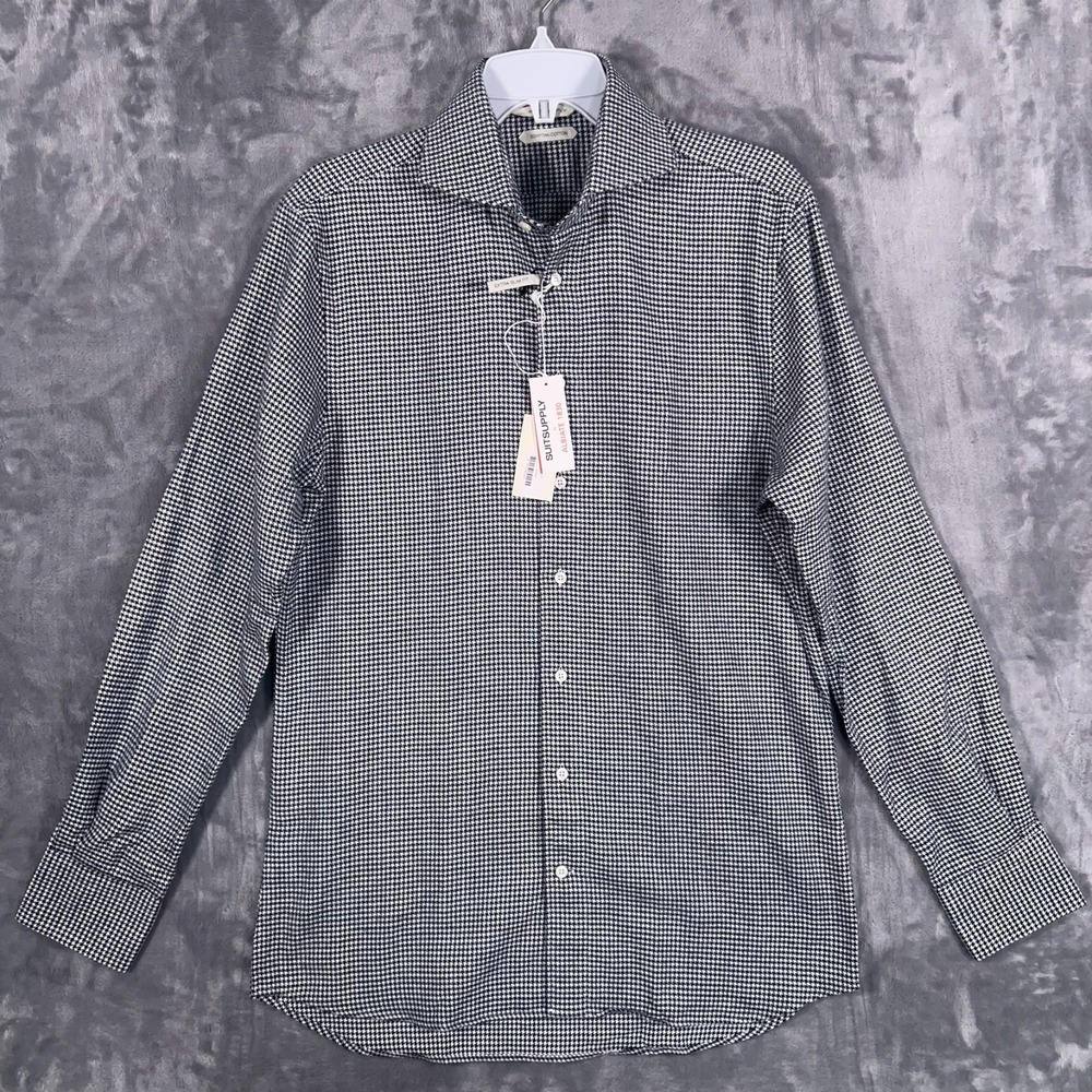 Suitsupply Button Up Shirt Mens 15.5 39 New Blue Houndstooth Extra Slim Cotton